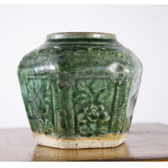 Antique Chinese hexagonal green ginger jar 3.5", small size ginger jar, - Picture 2 of 10